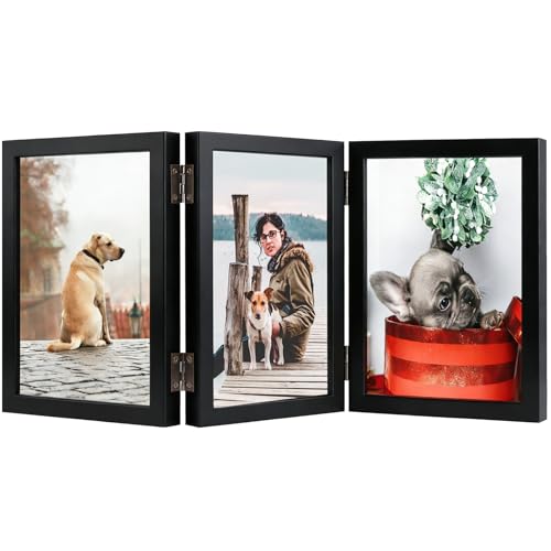 TOFOREVO 5x7 3 Picture Frame Triple Wooden Three Hinged Photo Frame Definition Glass Stand Vertically on Desktop or Tabletop Black