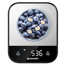 UNIWEIGH Food Scales for Kitchen,Digital Scale Grams and Ounces for Food Weight,Baking,Cooking,Meal Prep,Small Kitchen Scales with 7 Weighing Units/LED Display/Tare Function,Stainless Steel,Black