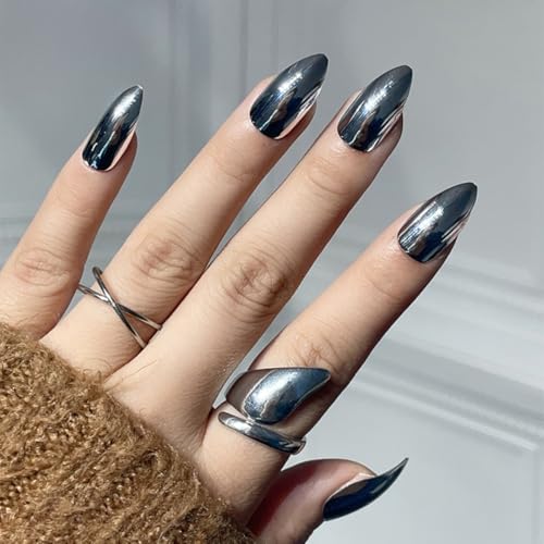 Image of 24 Pcs Reusable Artificial Nails Fake Nails with Glue and Kit|Liquid Silver Ultra Gloss Press On Nails | ABS Material UV Protected Long Lasting Finish |Medium Almond Nails with Glue (Silver - Stiletto)