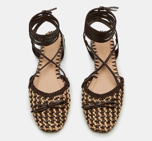 Image of Woven Ballet Flats for Women Lace Up Closed Square Toe Summer Sandals Dressy Shoes