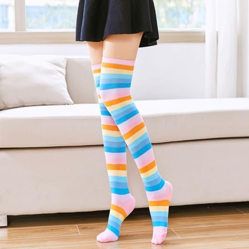 Image of Rainbow Thigh High Socks for Women Girls Pride Socks Kawaii Clown Socks Colorful Cotton Rainbow Stockings Tube Socks Striped Long Socks 1 Pack