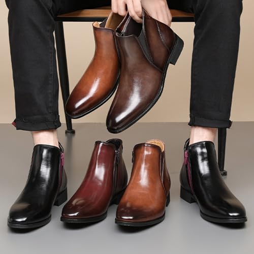Men's Leather Slip-On Chunky Heel Chelsea Ankle Boots Fashion Pointed Toe Side Zipper Non-Slip Low Block Heel Business Dress Booties2
