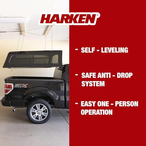 HARKEN - Truck Cap Overhead Garage Storage Hoist, Self-Leveling, Safe Anti-Drop System, Easy One-Person Operation, Smart Garage Organization