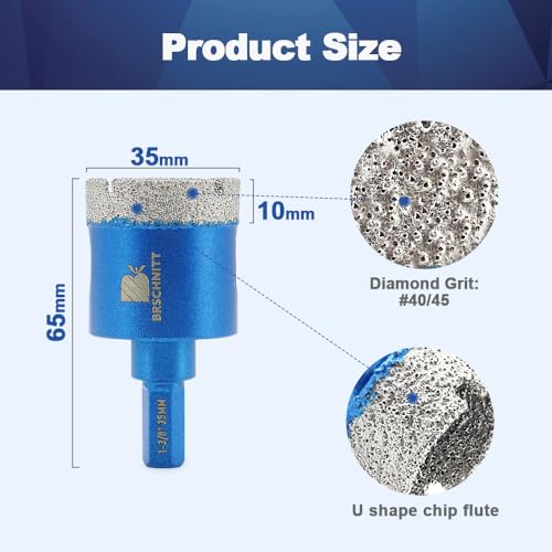 Dry Diamond Core Drill Bit Set,BRSCHNITT 2pcs 1-3/8 inch Diamond Hole Saw Core Drill Bit with Hex Shank for Porcelain Tile Ceramic Stone Granite Marble — view 2