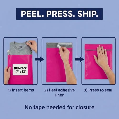 Image of BOX USA Shipping Bags 10 x 13 (100-Pack) Pink - Heavy Duty Self-Adhesive Envelope Poly Mailers for Packing