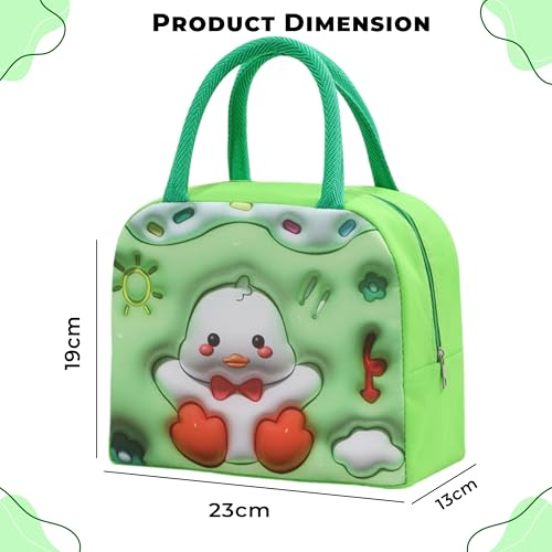 Image of Kraptick Compact & Stylish Design Printed Tiffin Bag for Children Insulated Lunch Bag for Kids Perfect Leakproof Keeps Hot and Cold Lunch Bag for School (Green White Duck)