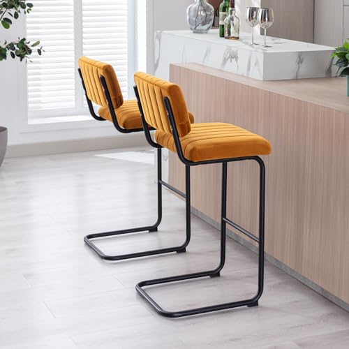 Image of Modern Barstools Set of 2, Comfy Bar Chairs with Velvet Upholstery Foam, 30'' Bar Height Stools for Kitchen Island, Armless Kitchen Stools for Dining Room, Orange