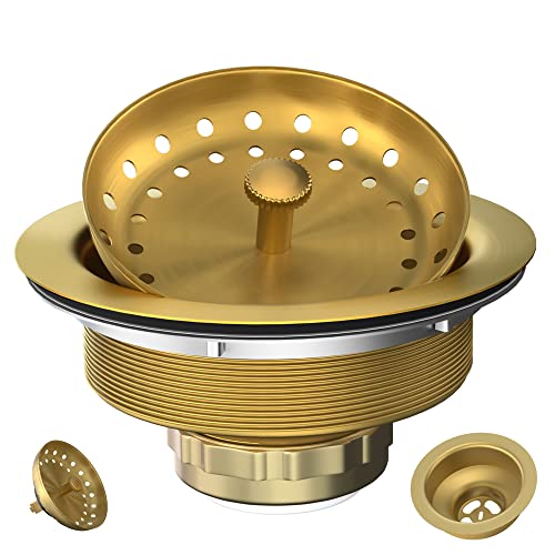 EXAKEY Kitchen Sink Drain Gold Sink Drain Strainer with Fixed Post 3-1/2 Inch Kitchen Drain Assembly with Strainer Basket and Drain Stopper for Standard Kitchen Sink Stainless Steel Brushed Gold