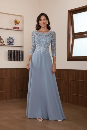 Mother of The Bride Dresses -Long Chiffon Lace Appliques Whith 3/4 Sleeve Scoop Neck Foraml Evening Gown2