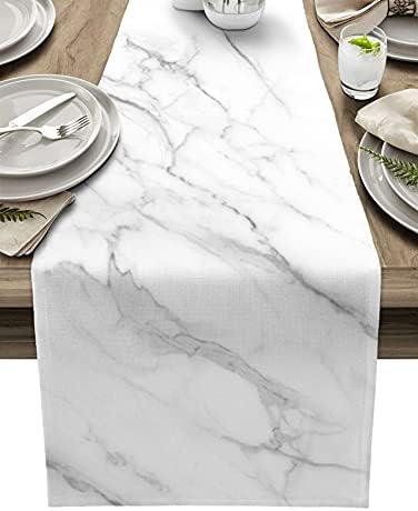 Housein Table Runner, White Marble Stone Texture for Dining Room, Kitchen, Living Room, Holiday and Party Table Mrble White 13x70in