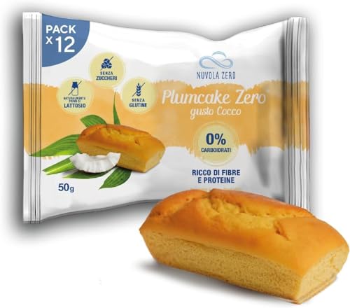 Nuvola Zero - Plumcake Zero Sabor Coco Sin Carbohidratos, Snacks Sin Lactosa, Sin Azúcar, Sin Gluten, Rico en Fibra, Pack de 12 uds, Made in Italy