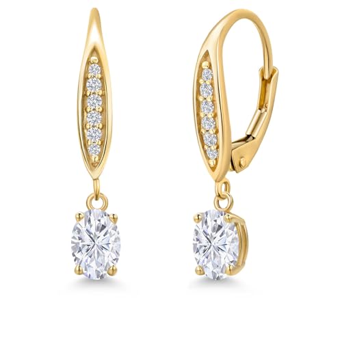 Gem Stone King 6X4MM Oval Cut Gemstone Birhtstone and Lab Grown Diamond Leverback Dangle Earrings for Women in 10K Yellow Gold | Fine Jewelry Gifts for Her Mom Women Wife