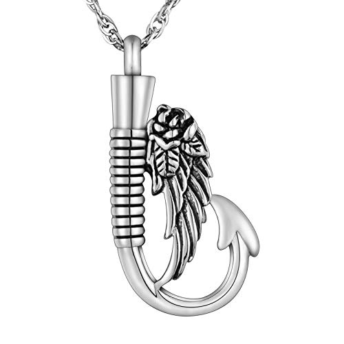 Fishing Hook Urn Necklace for Ashes Angel wing Fish Hook Stainless Steel Cremation Jewelry Memorial Pendant Keepsake Ashes Holder