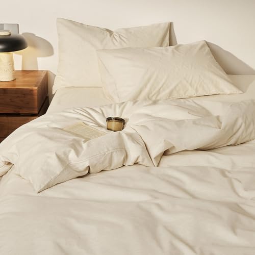 Image of mixinni 3 Piece Washed Cotton Linen Blend Duvet Cover Set King Size, Soft Breathable Farmhouse Beige Neutral Solid Duvet Cover with Natural Linen Texture, 104x90 inches with 2 Pillowcases