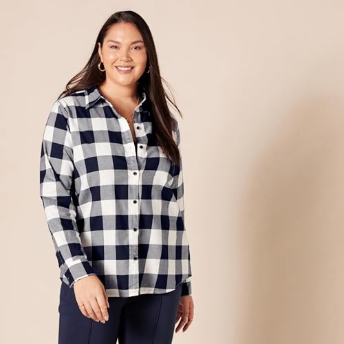 Image of Amazon Essentials Women's Regular-Fit Long-Sleeve Lightweight Plaid Flannel Shirt with Brushed Finish, Shirttail Hem