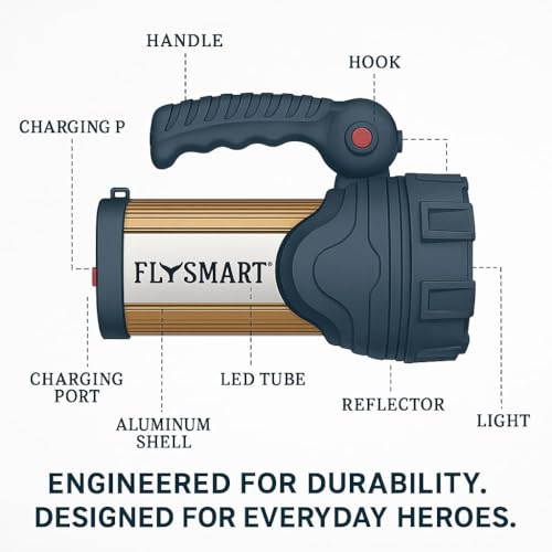 Image of Flysmart Heavy Duty LED Searchlight Long Range + Side Tube Emergency(Range Upto 1 Km.)with Multi-Functional + Blinker Rechargeable Handheld Torch(Metal 450 Watt)With Flora Ultra Durable AA Handy Torch