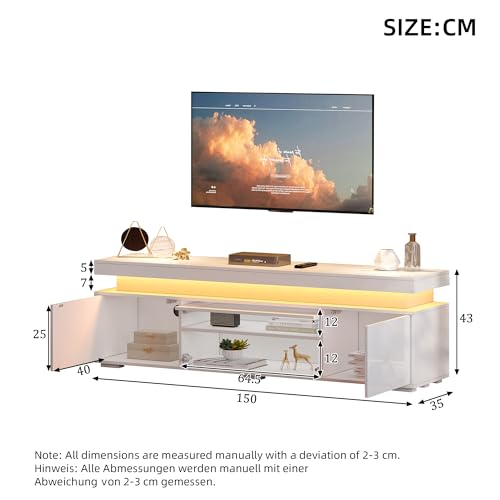 Meuble TV 150 cm Blanc laqué LED, sur pieds Yihomfy