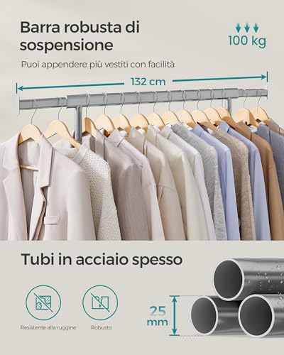 SONGMICS Stand Appendiabiti con Ruote, Attaccapanni Estensibile per Carichi Pesanti, Portata Totale 100 kg, 45 x (92-132) x 161,5 cm, Facile da Montare e Spostare, Grigio Tortora HSR013G01 - Immagine 3