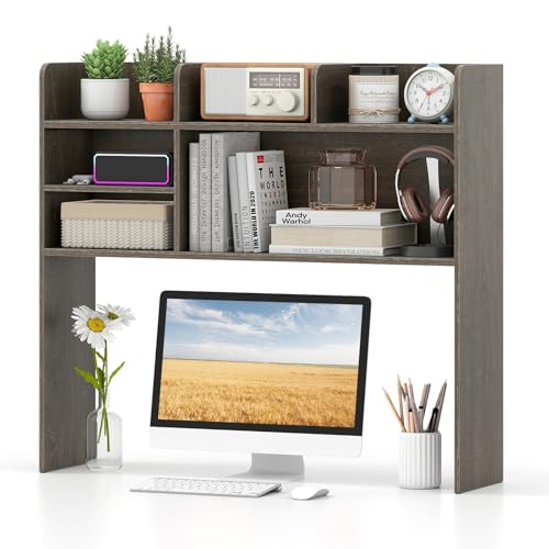 Image of Tangkula Desktop Bookshelf for Computer Up to 32 inch, 37 inch Countertop Storage Hutch with 6 Storage Shelves, 3-Tier Desktop Organizer Display Rack, Wooden Desk Hutch for Dorm Home Office (Grey,6 Shelves)