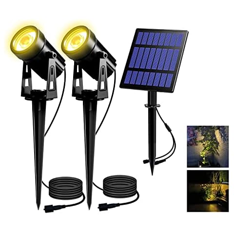 T-SUN 2W Solar Spotlights, IP65 Waterproof 9.8ft Cable Lenght 270° Angle Adjustable Auto On/Off with 2 Warm White Dual Spot Headlamp Garden Lamp Landscape Lamp for Tree,Patio, Yard, Garden Cover