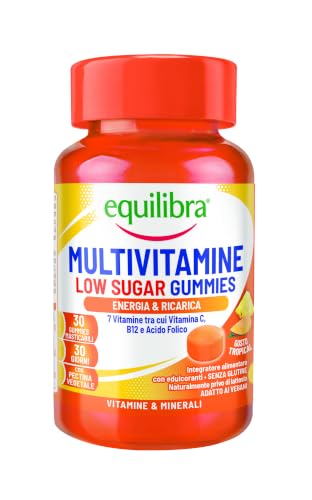 Equilibra Multivitaminico in Gummies Low Sugar, 30 Gummies Gusto Tropical | Pastiglie Gommose Vegan, Integratore Energia, 7 Vitamine, Vitamina C, B12 e Acido Folico, Senza Glutine, a Base di Pectina