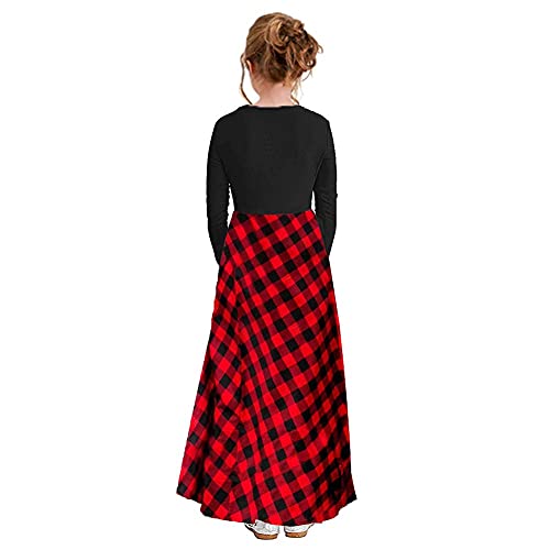 Image of KYMIDY Girl Maxi Dress Kids Casual Buffalo Check Plaid Long Sleeve Dresses with Pockets(6-14yrs)
