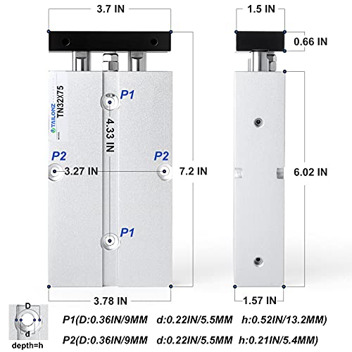 TAILONZ PNEUMATIC 32mm Bore 75mm Stroke Double-Rod Double-Acting Aluminum Pneumatic Air Cylinder TN32-75