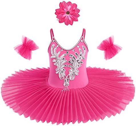 Toddler Kids Girls Swan Lake Ballet Dance Tutu Dress Sequins Camisole Leotard Hard Organdy Platter Skirted Ballerina Performance Costume with Arm Sleeves Hair Clip Outfit Set Hot Pink 5-6 Years