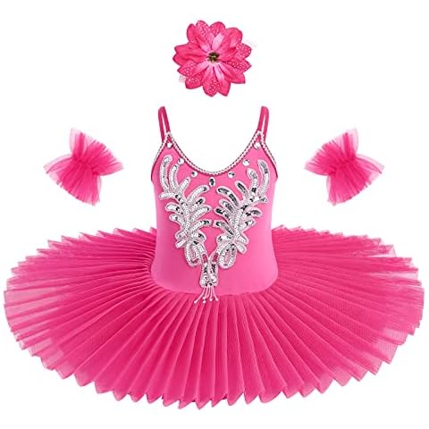 OBEEII Vestido de Ballet Niña Traje de Baile Gimnasia Leotardo Danza Niños Falda de Tutú Bordada de Encaje Ropa de Baile Hot Pink002 Cover