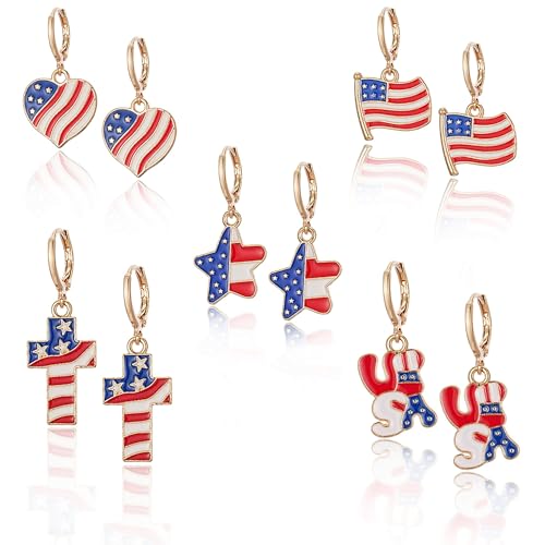 Sylph 4th of July Independence Day Huggie Earrings Set for Women, American Flag/Star/Cross/Heart/USA Red Blue White Dangle Drop Earring, Hypoallergenic Patriotic Jewelry Gift