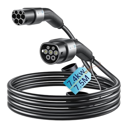 QIAO Cable de Carga Tipo 2 7,4kW 7.5M 32A Tipo 2 1 Fase para Coche E EV/PHEV Tipo 2 a Tipo 2/CSS2 EV Cable de Carga con Bolsa de Transporte