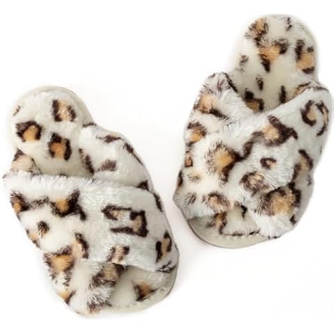 Csfry Girls Fluffy Soft Plush Cross Band Kids Slippers Leopard 3-4Big Kids Cover