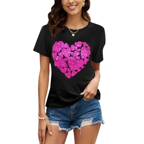 PESION Womens Short Sleeve T-Shirt Sequined Tops O-Neck Funny Graphic Tees Blouse XX-Large Black+ Sequin Hearts