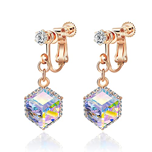 Cube Austrian Crystal Drop Clip On Dangle Earrings For Women Non Pierced 14K Rose Gold Plated Hypoallergenic Jewelry (Aurora Borealis) #TOP27