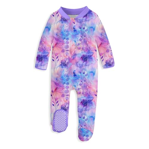 Image of uideazone Baby Girls Footed Pajamas, Zip Sleeper with Gripper Soles 0-12M | Soft Stretch Fabric With Fold-Over Mittens And Covered Neckline Detail For Naps, Changes And Daily Wear