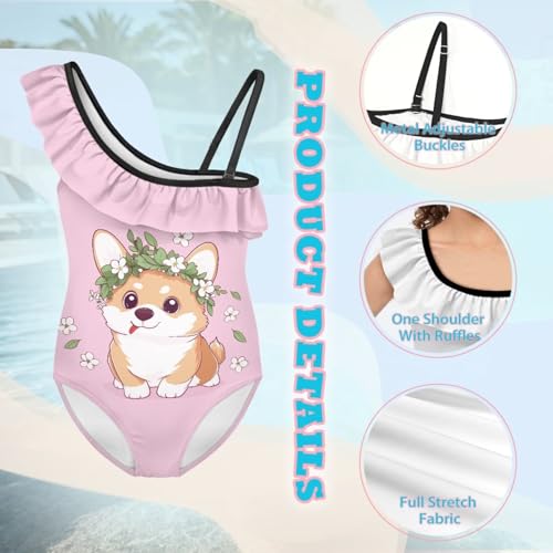 Jeiento Girls One Piece Swimsuit Dog Print Beach Bathing Suit One Shoulder Swimwear with Ruffled Adjust Strap Cute Swim Wear3