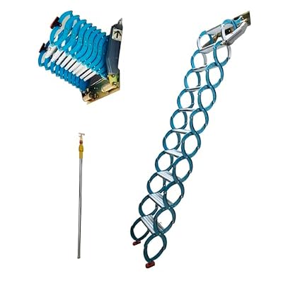 EQCOTWEA Wall-Mounted Loft Attic Ladder Wall Attic Folding Ladder Loft Scissor Stairs W/12 Pedals 8.2-9.8ft Height Extension Attic Beam Ladder Stairs Load 660LB Pulldown Attic Steps(Blue-White)