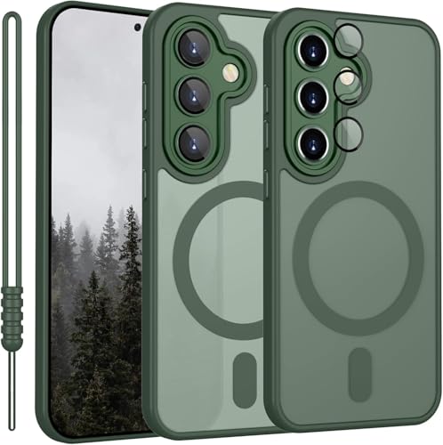 Image of Elzzi Magnetic Magsafe for Samsung S24 Fe 5g Case, Upgraded [Full Camera Protection] [Compatible with Magsafe] [Translucent Matte] Shockproof Protective Phone Case for Men & Women - Green