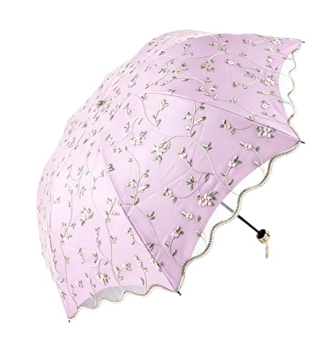 Honeystore Lace Travel Parasol Folding Anti-uv Windproof Embroidery Umbrella (Style05 3 Folding Pink)