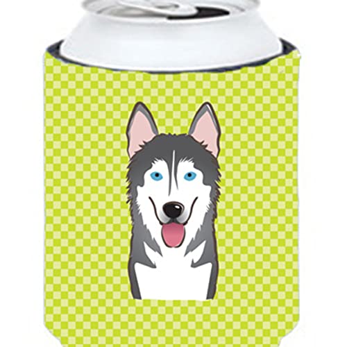 Caroline's Treasures BB1280CC Checkerboard Lime Green Alaskan Malamute Can or Bottle Hugger Cooler Washable Drink Sleeve Collapsible Beverage Insulated Holder, Can Hugger, Multicolor