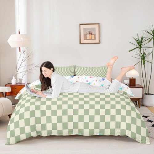 Housse de couette pour lit simple douce en treillis géométrique beige