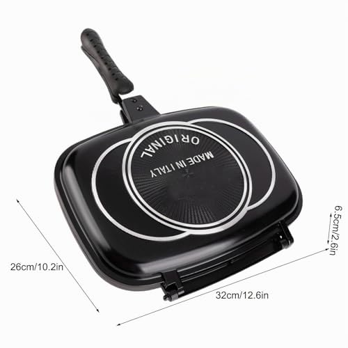 Akozon Bistecchiera per Frittura Double Side Maniglia Anti-ustione Portatile Forniture da Pentola per Griglia 32 Cm / 12,6 Pollici Padella per Friggere a Doppia Faccia