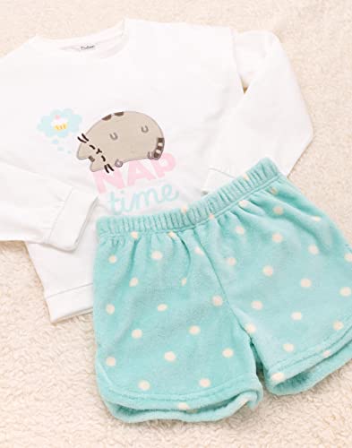 Pusheen Girls Pajama Set | Kids White & Green Loungewear T-Shirt & Pants Complete PJs Cat Nap Time Tee with Fleece Shorts2