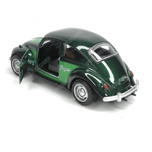 Image of Classic Vintage VW Beetle Diecast Metal Pullback Toy car with Openable Doors for Kids | 1:36 Scale Model | Pull Back | Gift for Boys Girls (Green with Stripes)