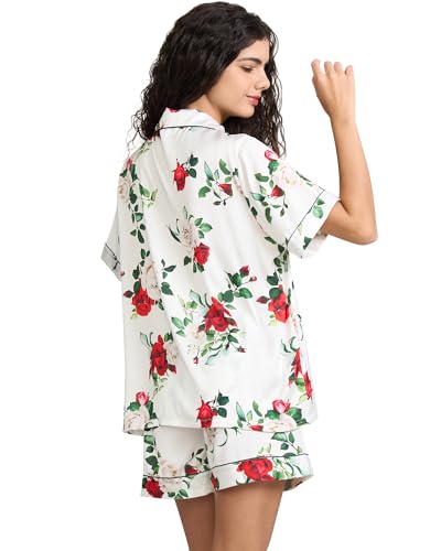 Image of YiNi LuLu Womens Silk Satin Shorts Pajamas Set Button Down 2 Piece Pjs Short Sleeve Oversized Sleepwear with Pockets