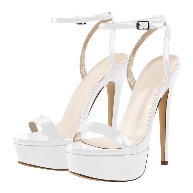 onlymakerheels Platform Stiletto High Heels for Women, Round Open Toe Ankle Strap Sexy Heeled Sandals for Wedding Party Dress: 5 White