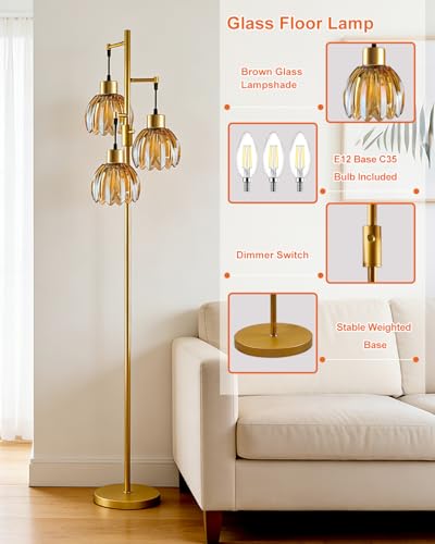 Image of Lightdot 65'' Glass Floor Lamp Dimmable Gold with Brown Lotus Glass Shade & 3000K Bulbs Included 3-Lights Modern Tall Standing Lamp with 5Lbs Heavy Base for Living Room /Bedroom /Sofa /Corner Decor