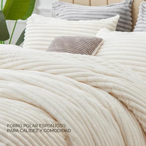 Edredón de forro polar King blanco esponjoso ropa de cama invierno 7