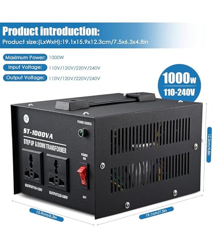 ST 1000W Voltage Converter Transformer 110V/120V/220V/240V Power Step Up/Down Transformer Converter, with Resettable Circuit Breaker Protection Universal Socket Household Compact