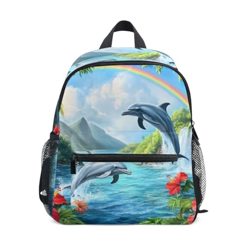 RPLIFE Delfine Regenbogen Wasserfall Kleinkind Rucksack für Mädchen Jungen, Vorschulrucksäcke mit Namensschild Kinder Schultasche, 3-8 Jahre, Delfine, Regenbogen-Wasserfall, Small, Niedliche Rucksäcke